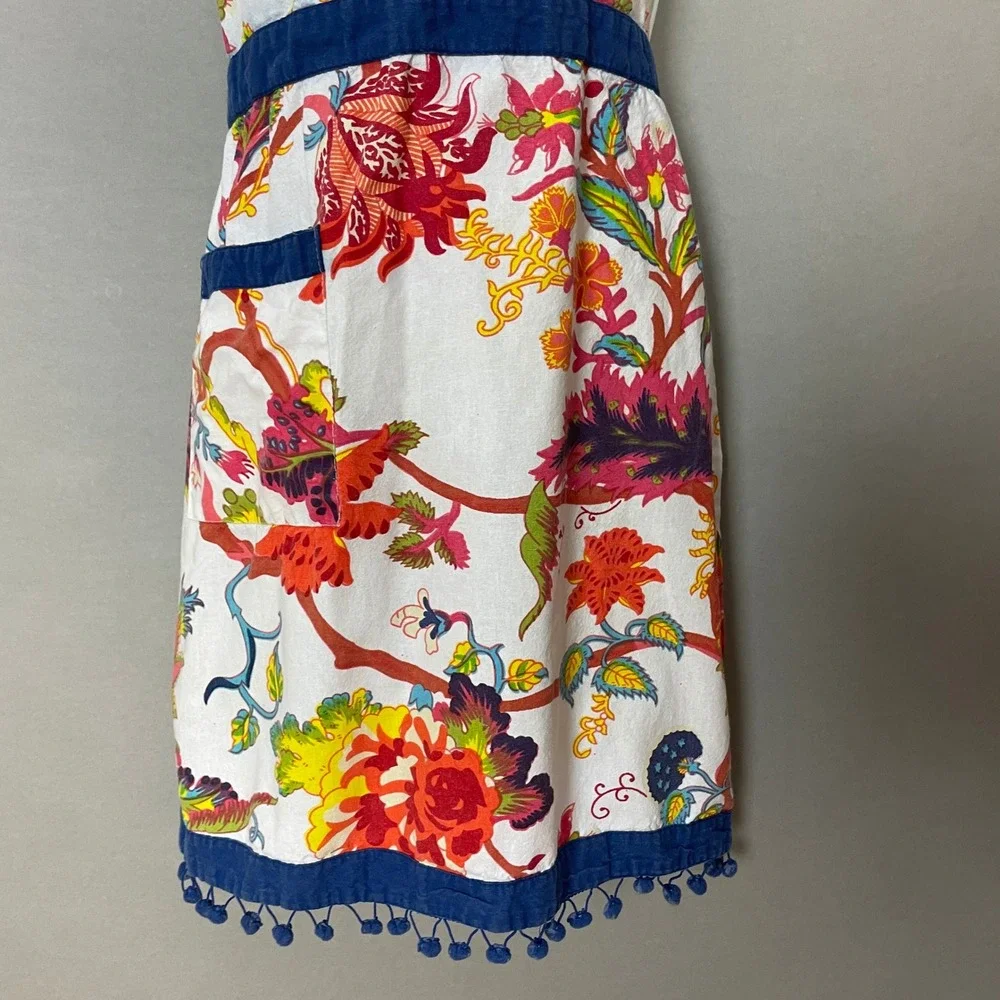 Sur La Table Floral Apron Colorful Cotton Pom Pom Trim Halter Neck Tie Kitchen